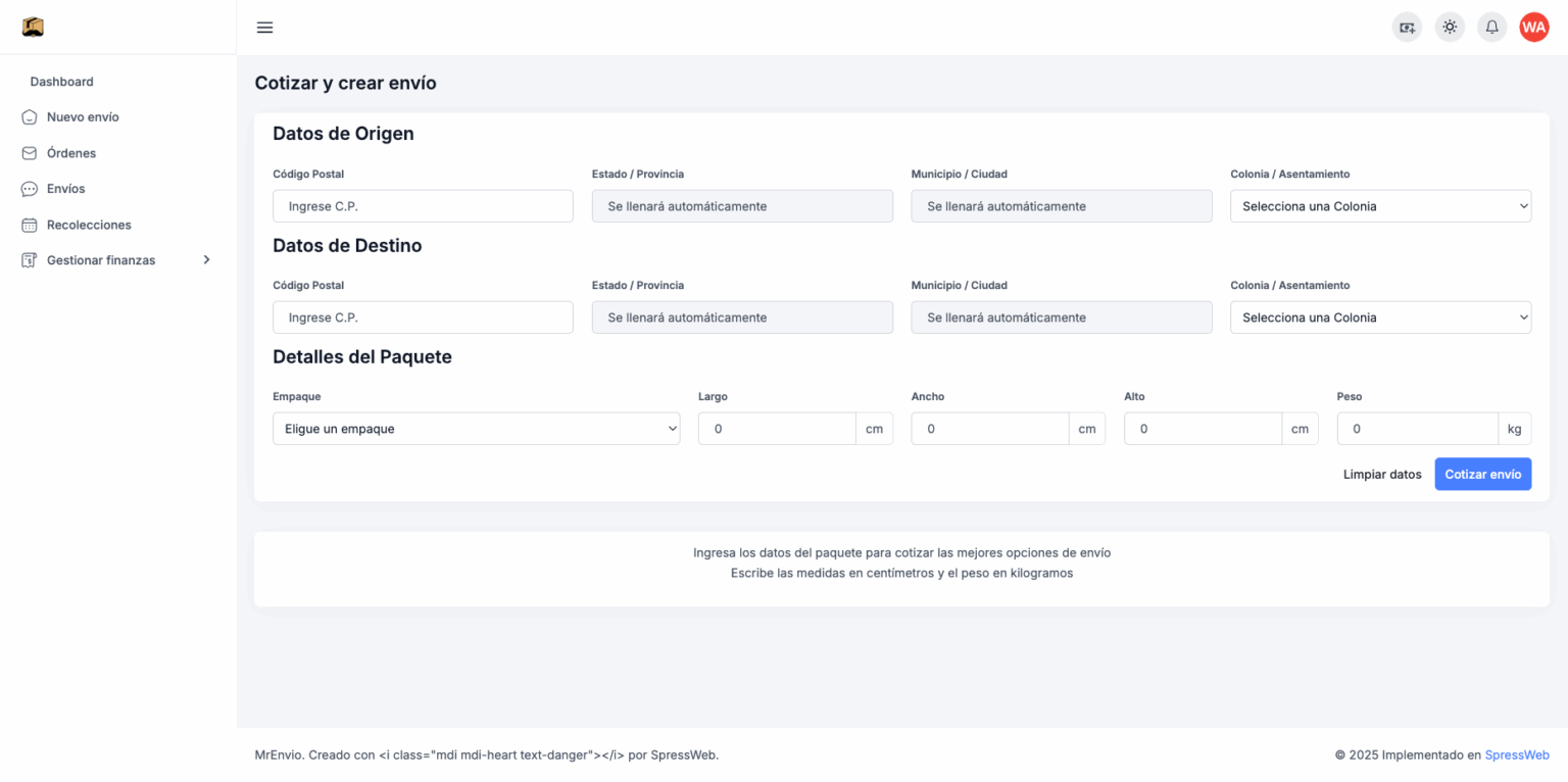 Panel de cotización de envíos en LogiBoost